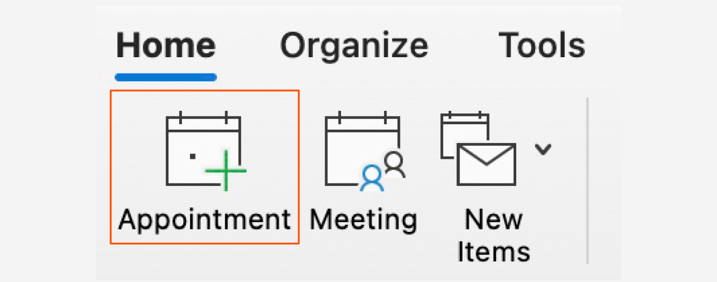 Screenshot showing where the appointment button is in Outlook.