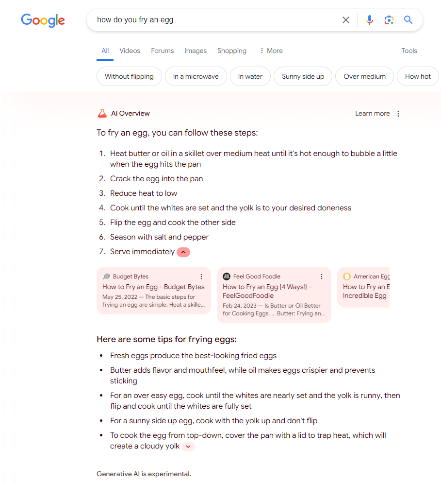 The Google AI Overview for the search "how do you fry an egg"