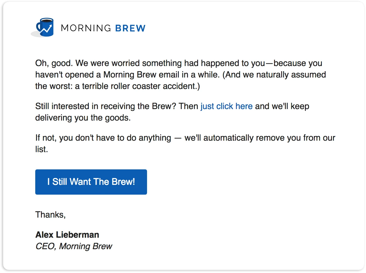 Message from Morning Brew with a button for I Still Want The Brew.