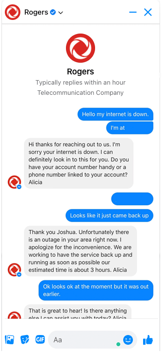 Rogers internet apologizing for an outage and offering a solution