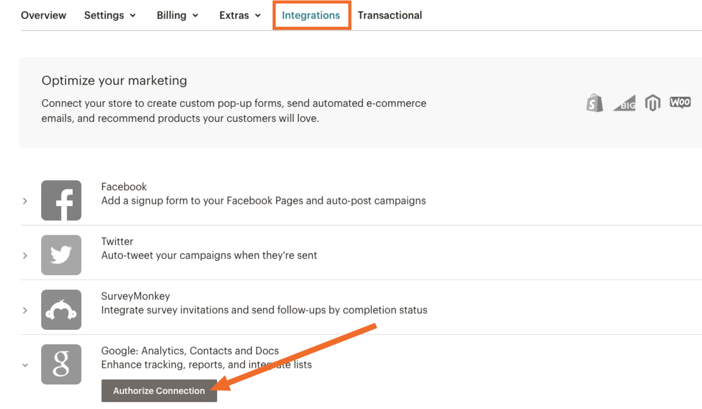 Click Authorize Connection under Google Analytics in the Integrations tab