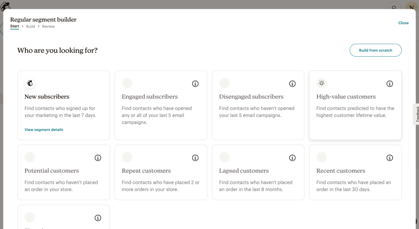 Mailchimp's pre-built segments in the segment builder