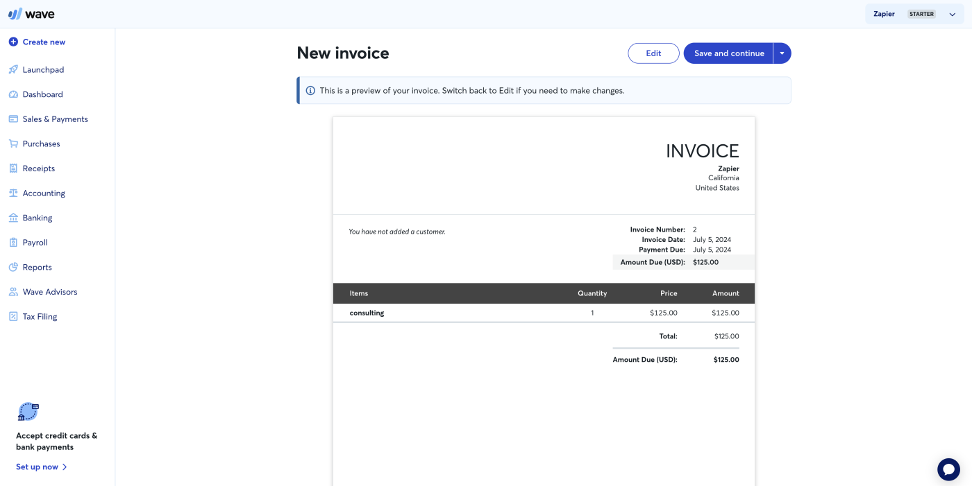 Screenshot of a new invoice in Wave