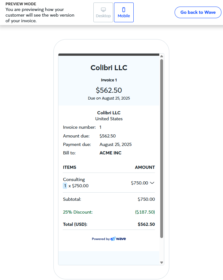 Screenshot of a new invoice in Wave