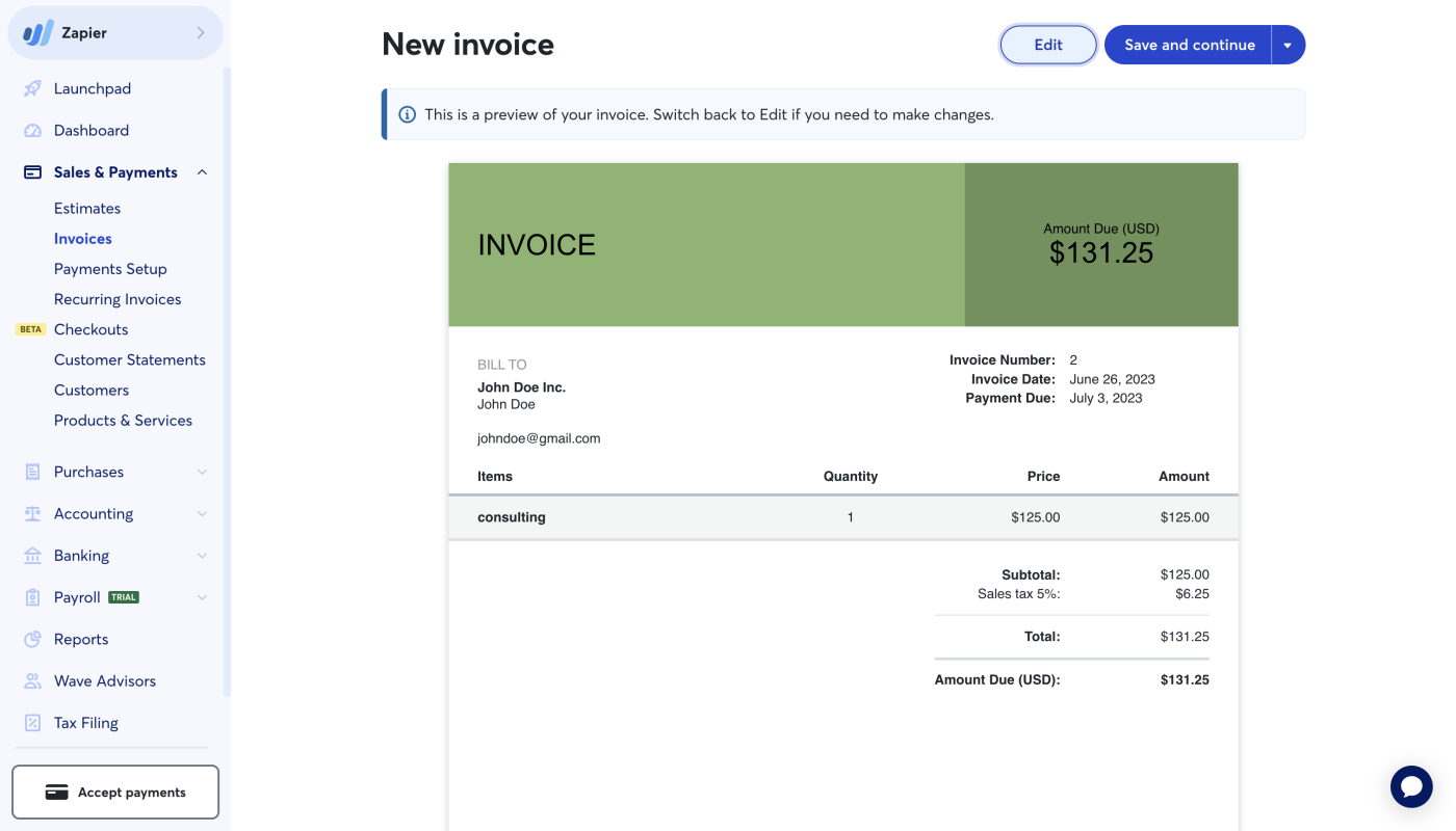 Screenshot of a new invoice in Wave