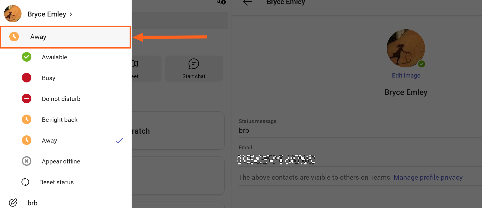 Screenshot of Teams 365 profile dropdown menu with away status.