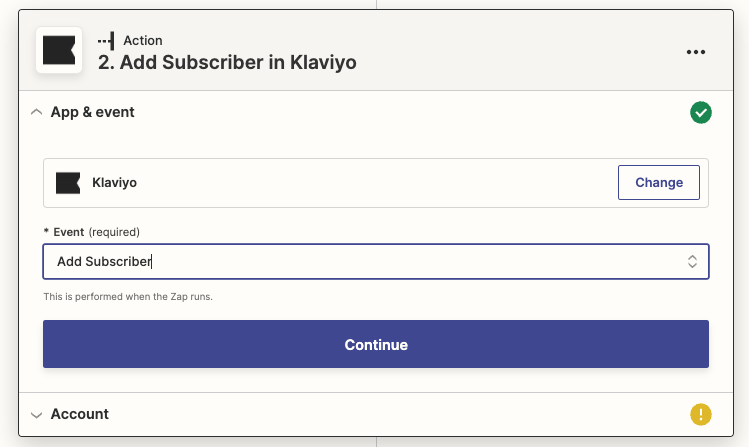 Klaviyo has been selected with Add Subscriber selected in the Event field.