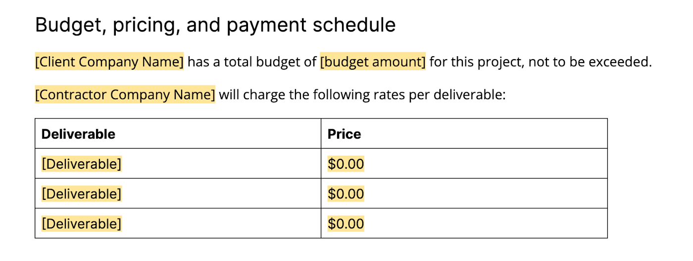 SOW pricing and payment schedule from an SOW template