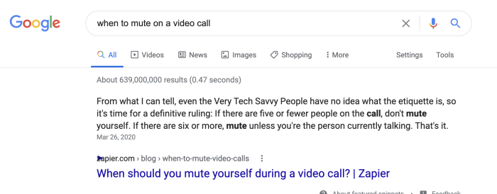 The featured snippet for "when to mute on a video call" is Justin's article about it