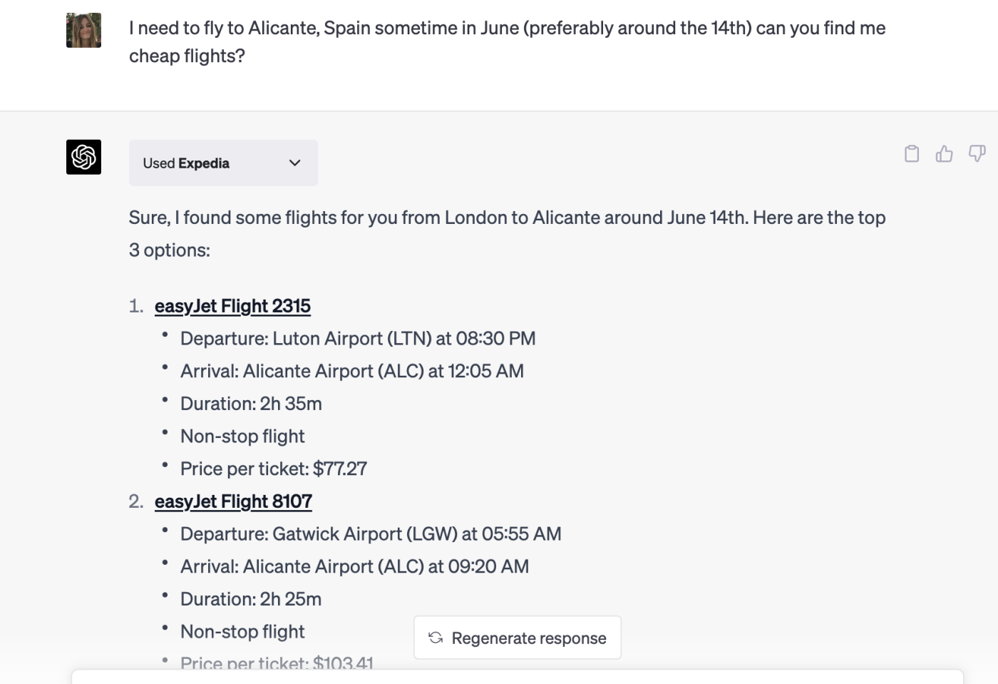 Using the ChatGPT Expedia plugin