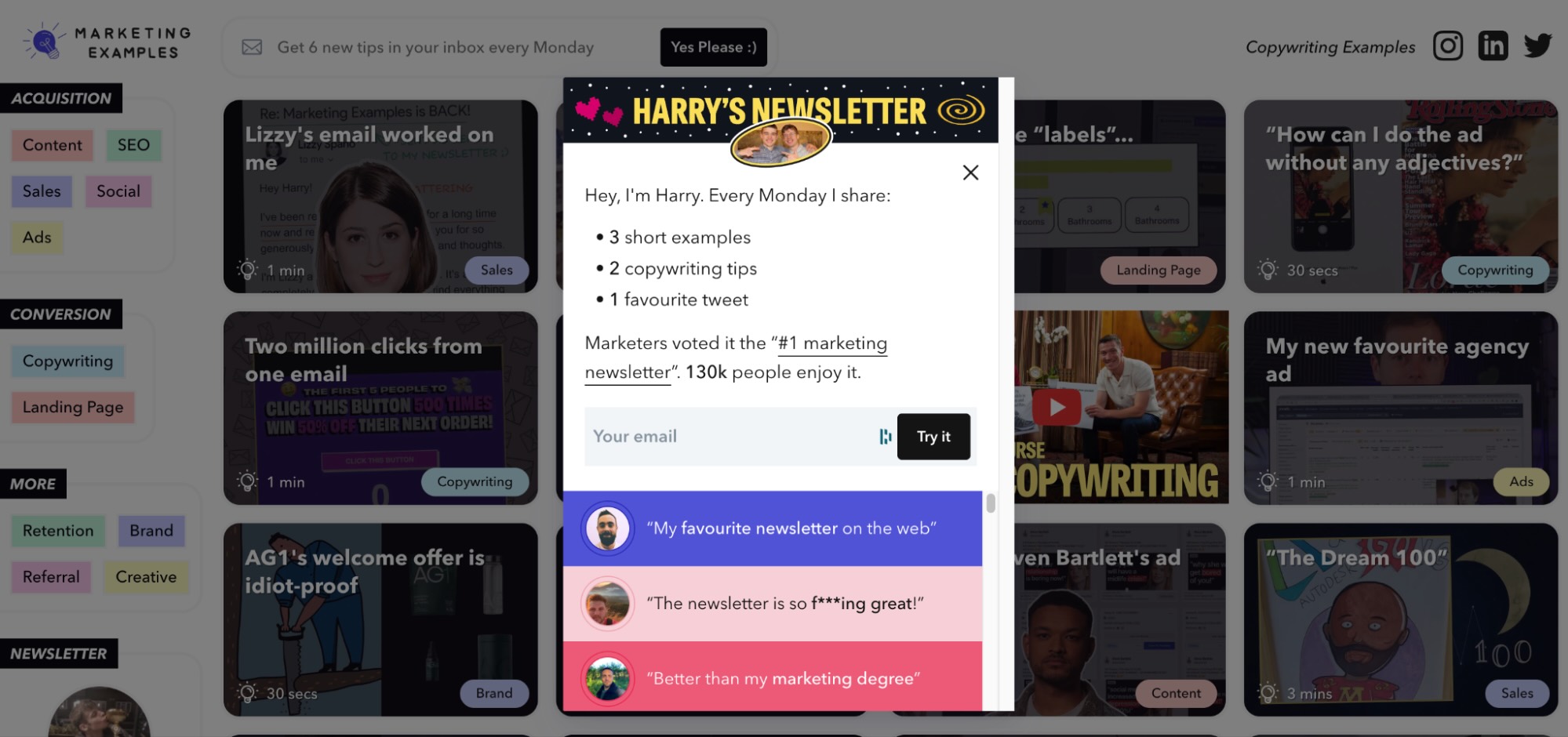 Marketing Examples, our pick for the best marketing newsletter for visual learners
