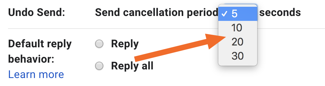 Undo Send settings in Gmail with a dropdown of time limits to unsend an email: 5, 10, 20, or 30 seconds. 