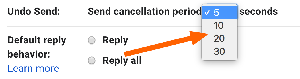 Undo Send settings in Gmail with a dropdown of time limits to unsend an email: 5, 10, 20, or 30 seconds. 