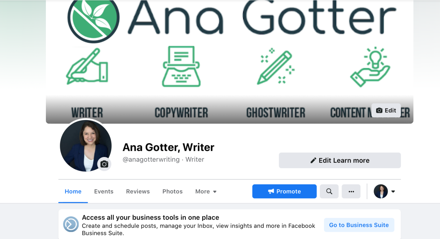 A screenshot of the author's business Facebook page, with a cover image, profile photo, and other information.