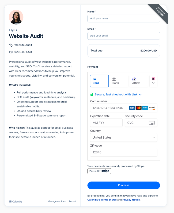 A payment page in Calendly