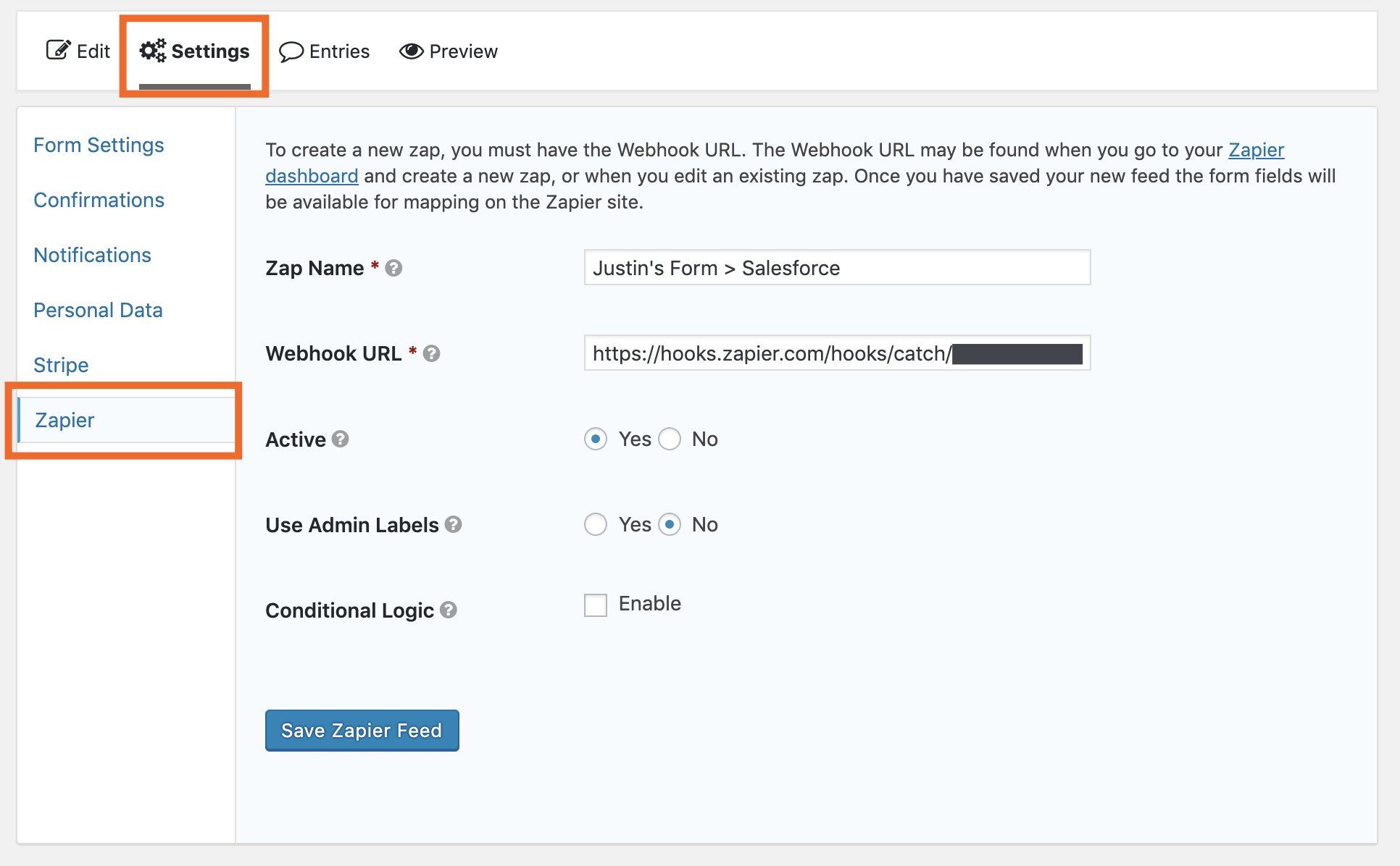 Pasting your webhook URL in to Gravity Forms