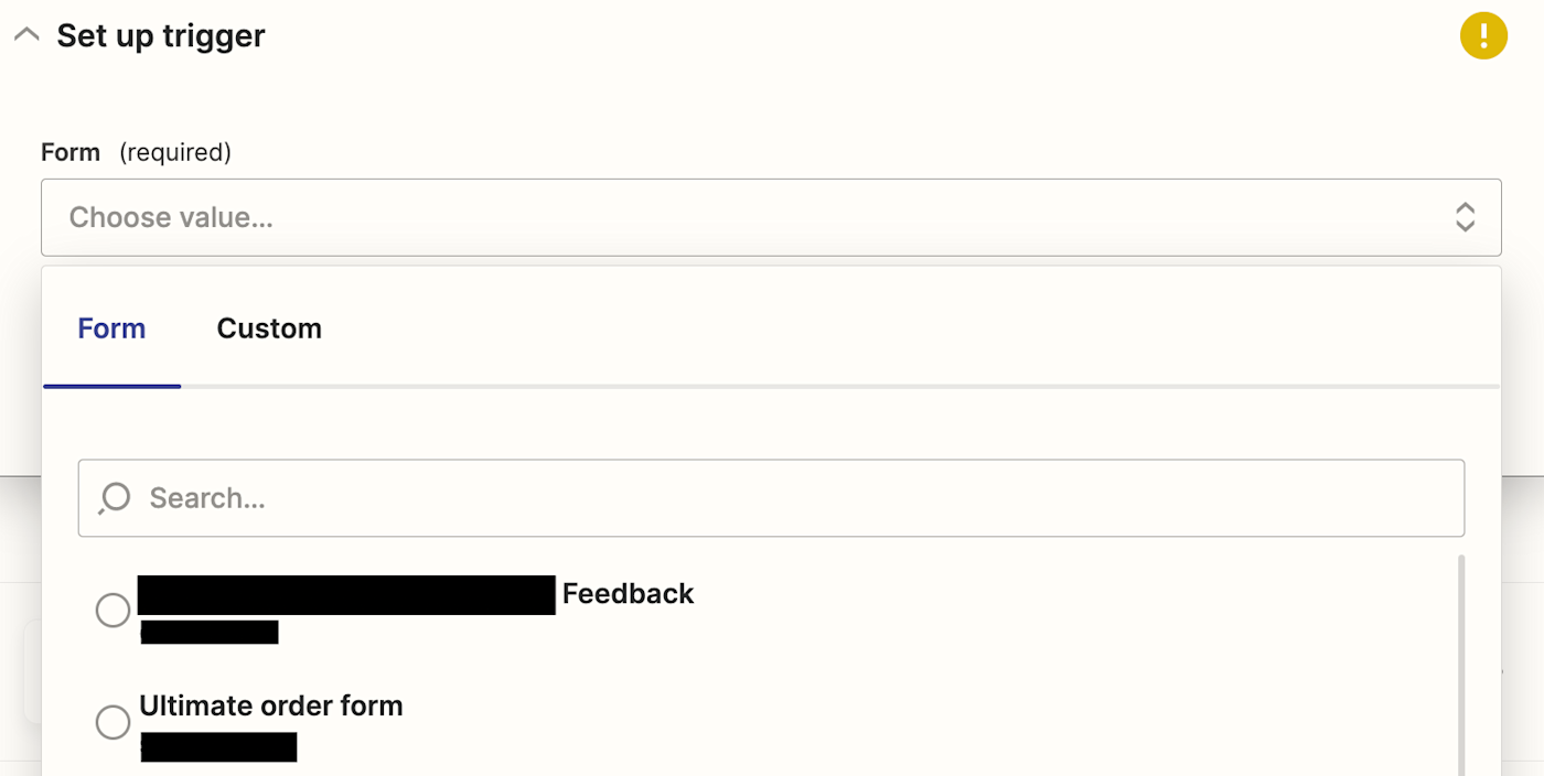 A list of Typeform forms shown in a dropdown menu.