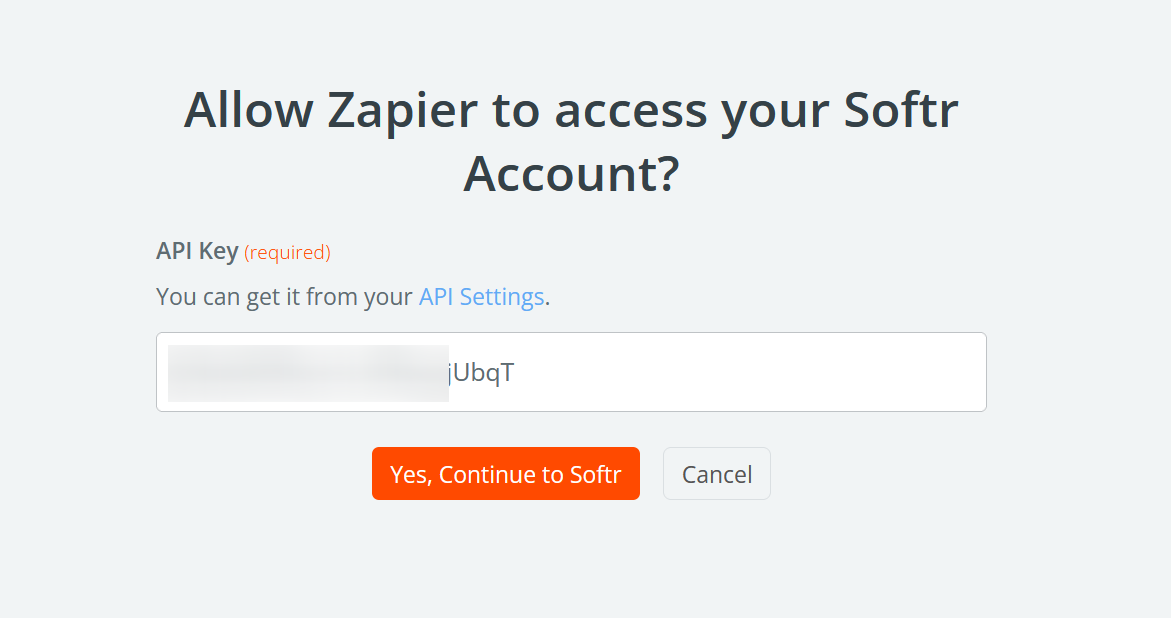 A field in the Zap editor to paste in the API key from Softr.