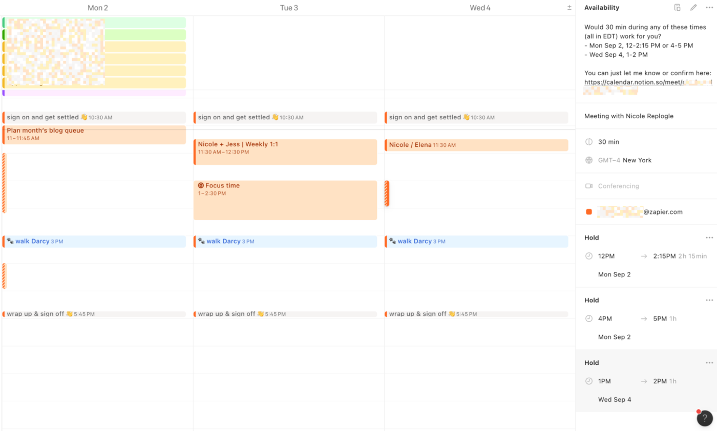 Scheduling snippet in Notion Calendar 