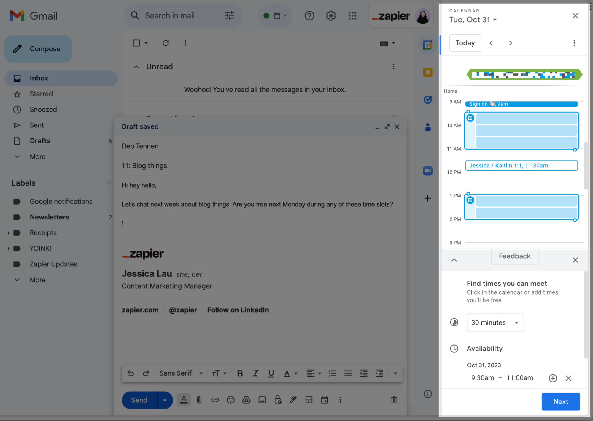 Google Calendar side panel next to an open email draft in Gmail.