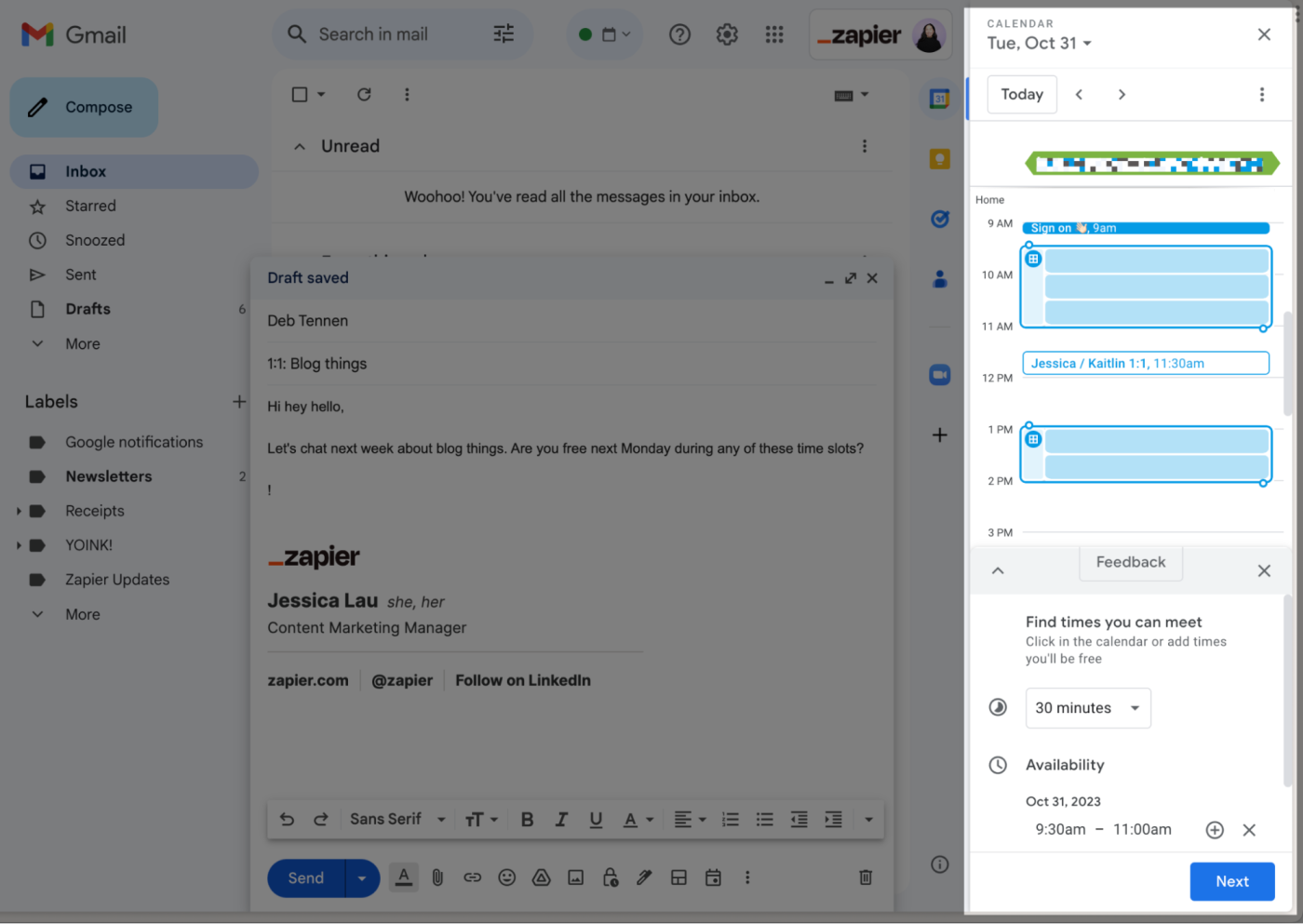 Google Calendar side panel beside an open email draft in Gmail.