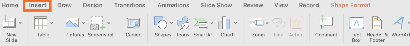 Content addition options (like tables and charts, images, icons, and more) in the Insert tab.