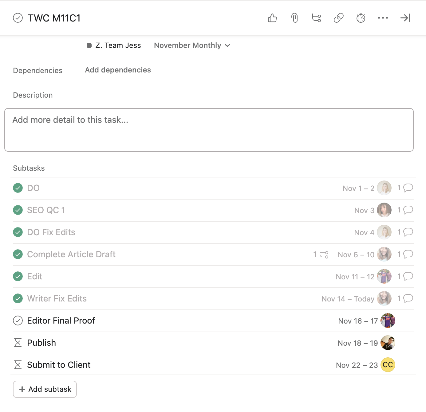 A list of content production subtasks in Asana