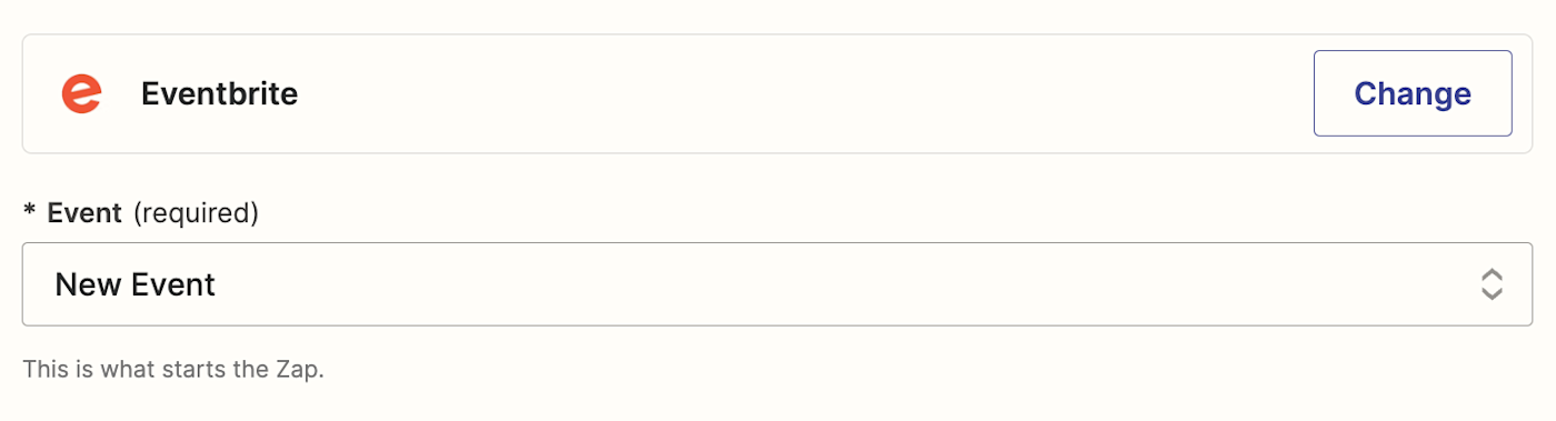 A trigger step in the Zap editor with Eventbrite selected for the trigger app and New Event selected for the trigger event.