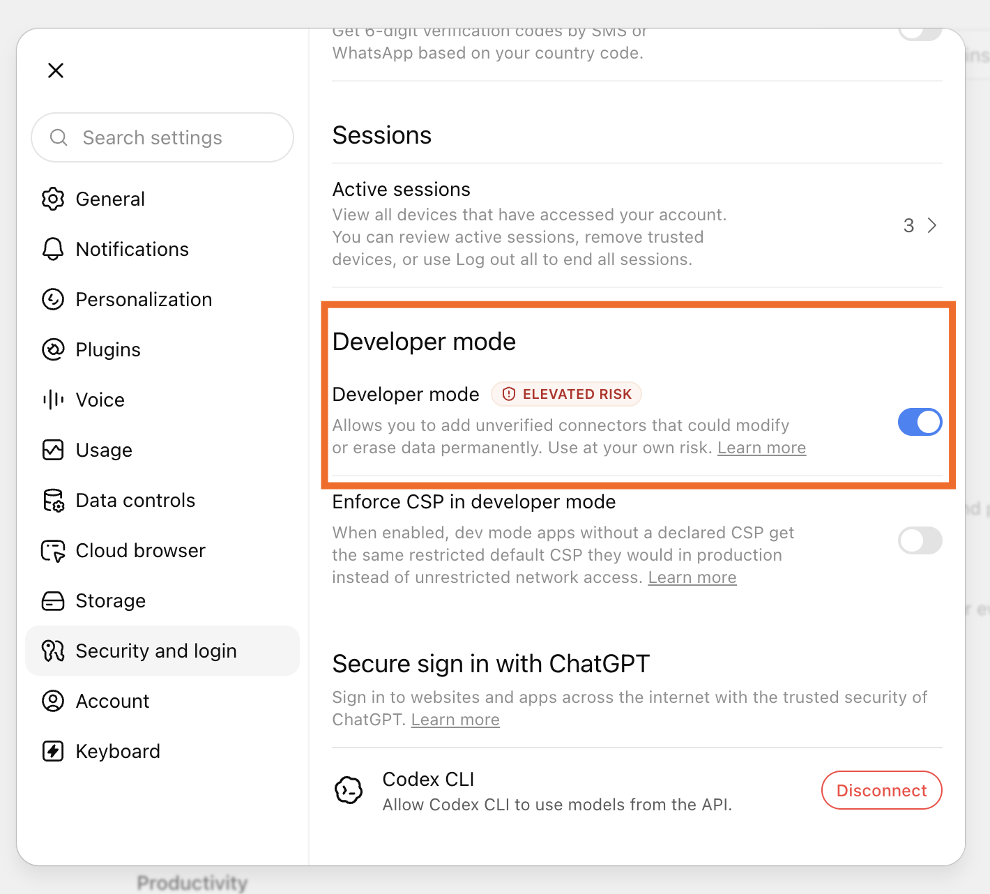 The Developer mode toggle in ChatGPT