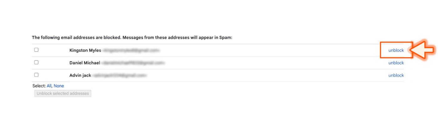 Screenshot showing list of blocked senders in Gmail.