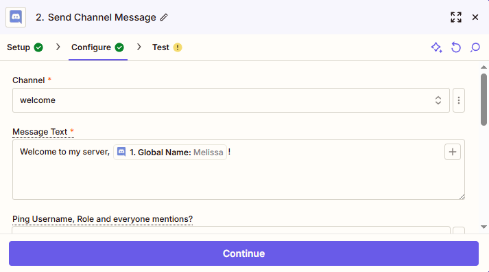 "Welcome to my server, Melissa" has been added to the Message Text field in the Zap editor.