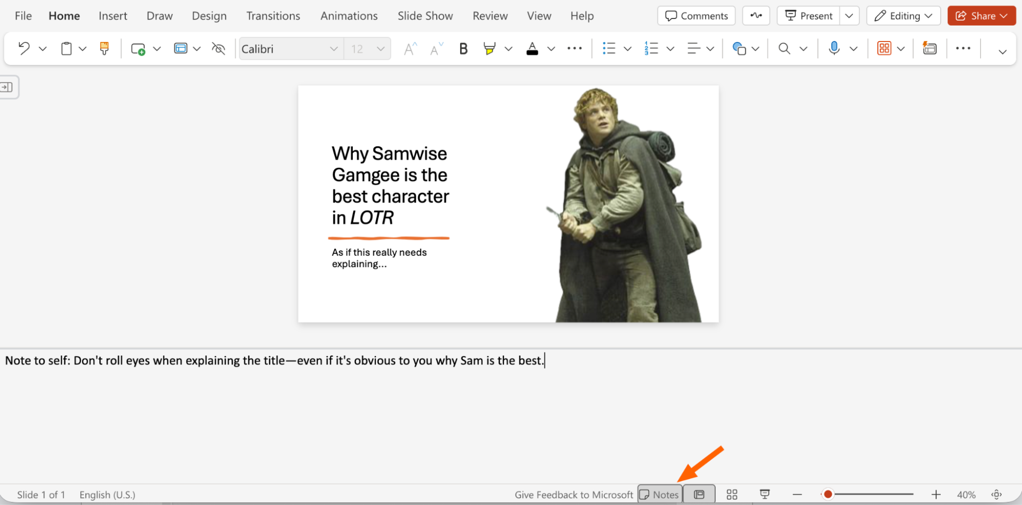 PowerPoint editor with an arrow pointing to the notes tab. 