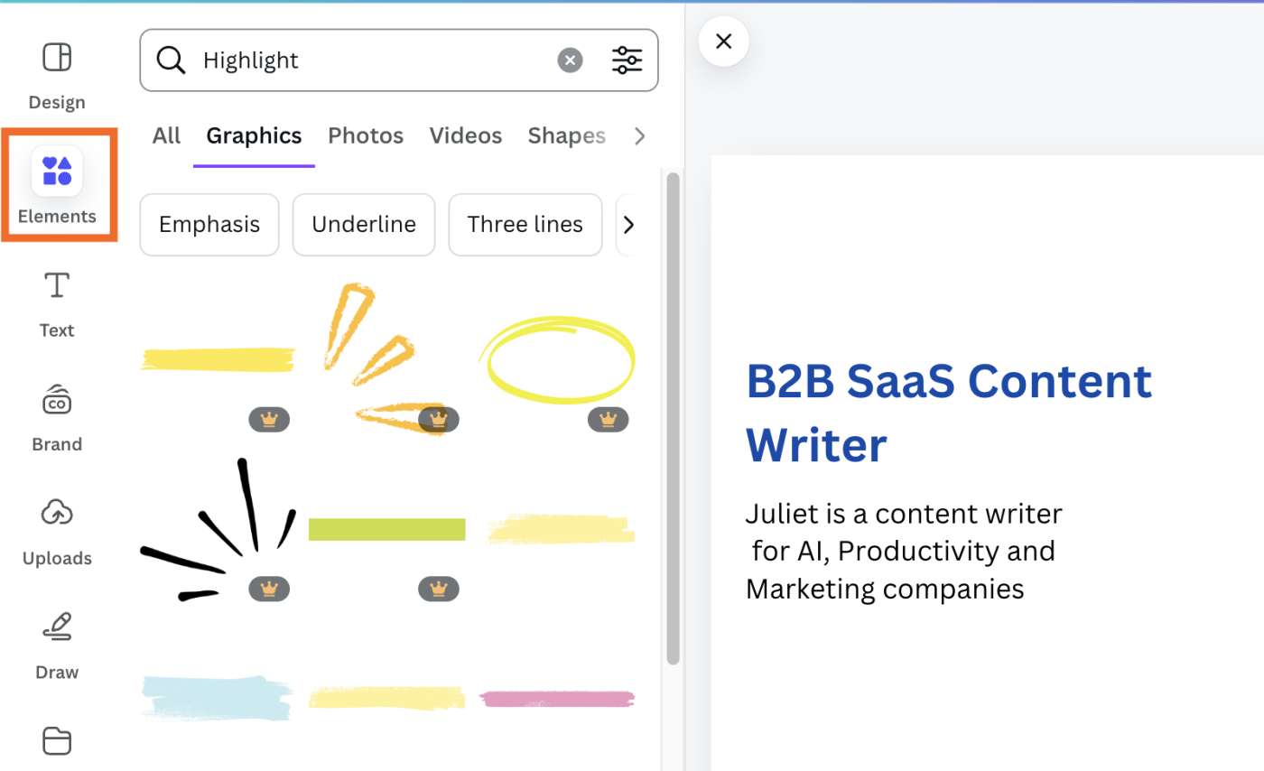 Elements view in the Canva dashboard with a preview of highlight graphics. 