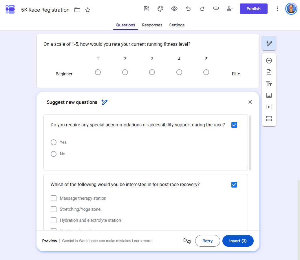 Using generative AI to edit a question in Google Forms