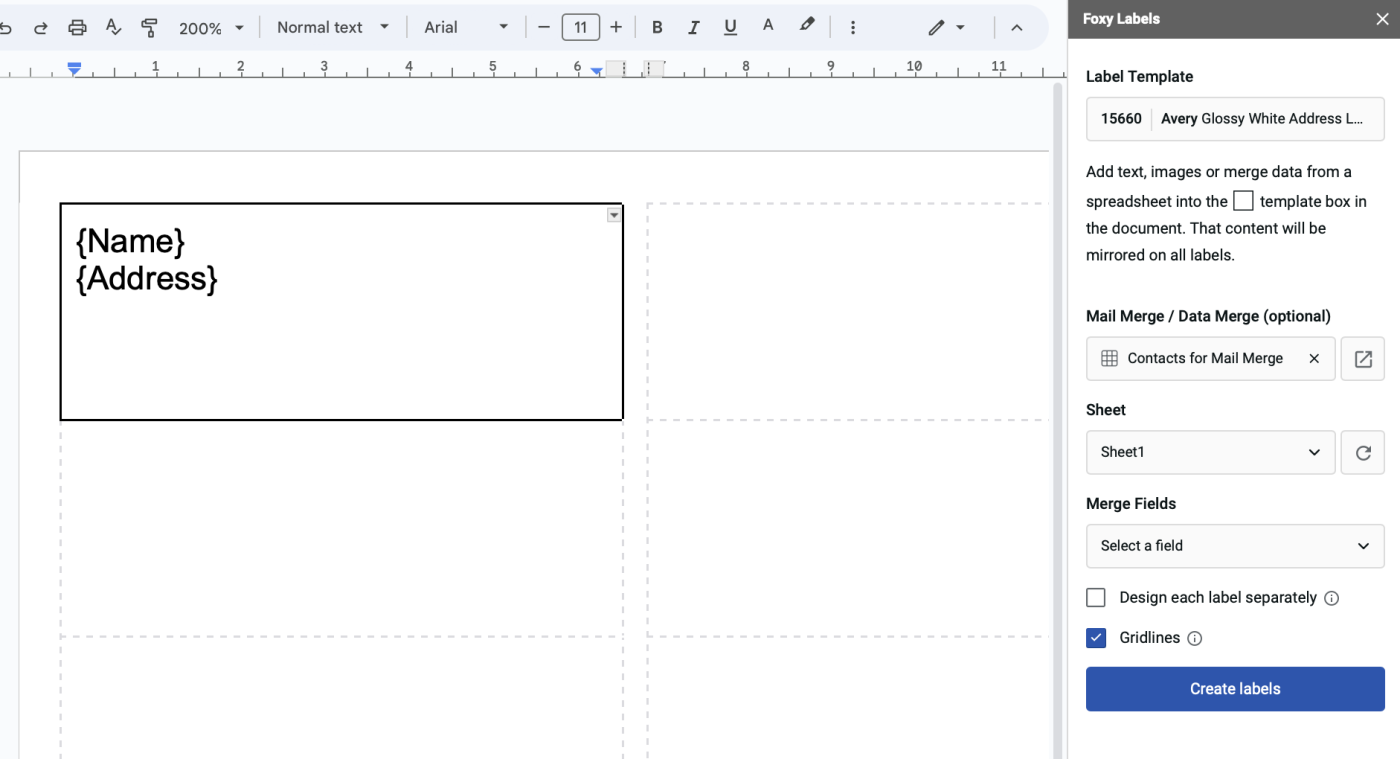 Google Doc with a label template and the Foxy Labels add-on visible in the side panel.