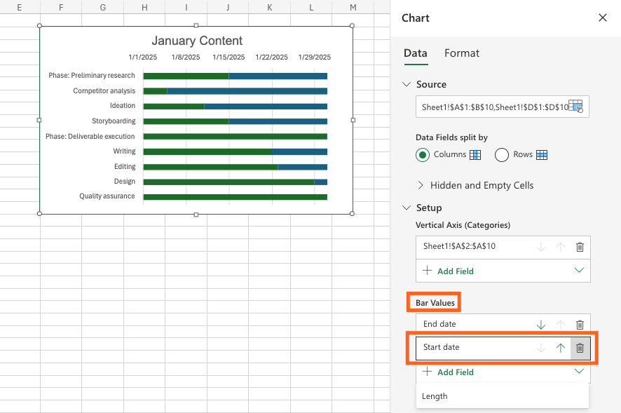 Screenshot of the Excel sheet showing how to order the data by start to end date