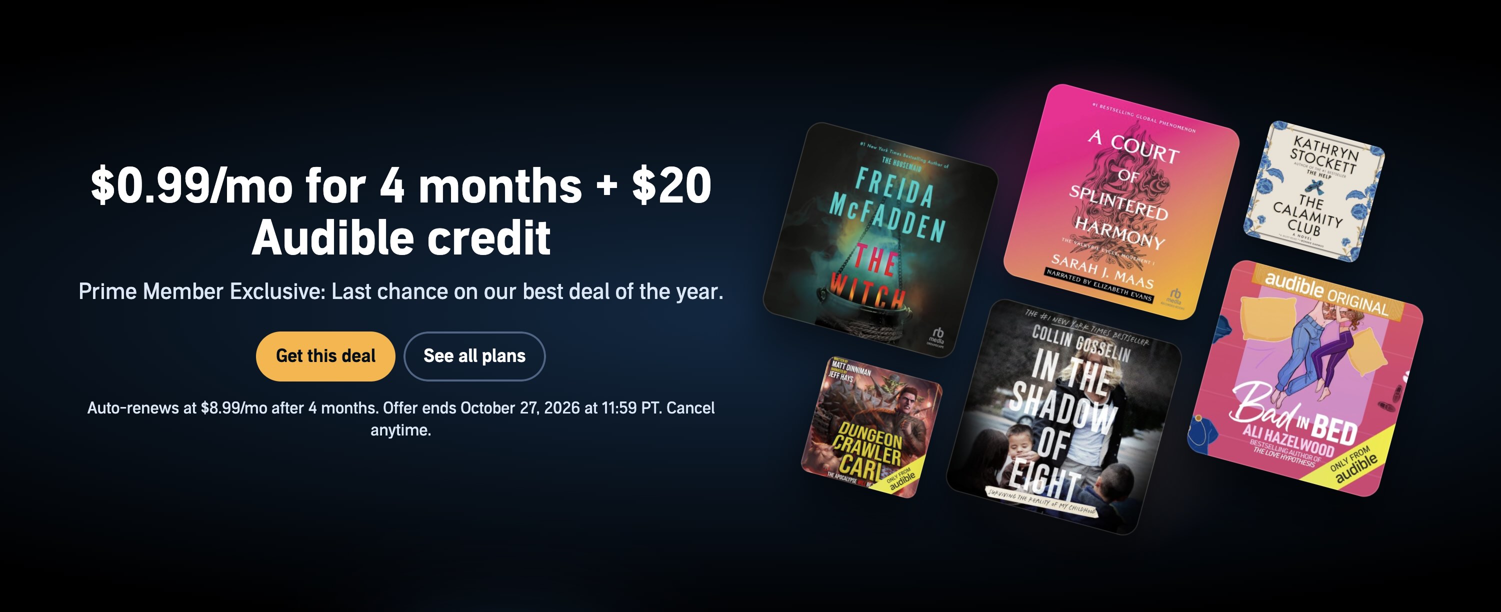 Landing page for Audible showing famous book covers from Brittany Spears, Elon Musk and Matthew McConaughey