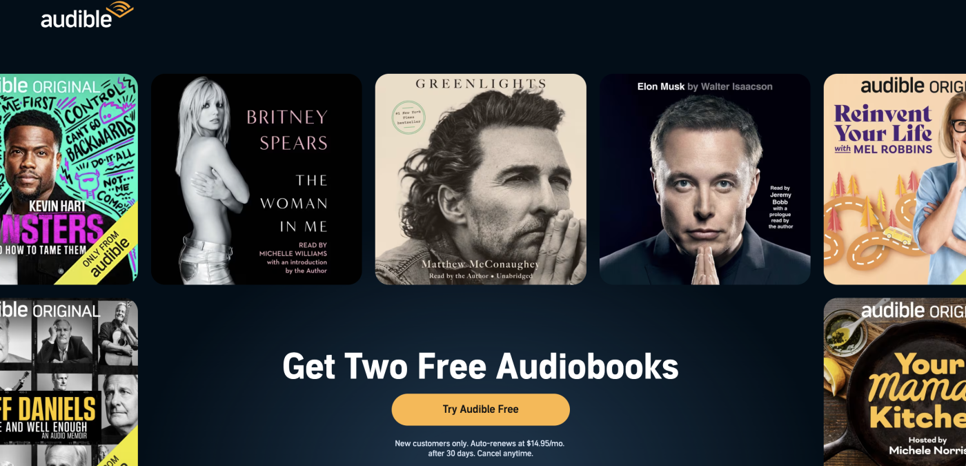 Landing page for Audible showing famous book covers from Brittany Spears, Elon Musk and Matthew McConaughey