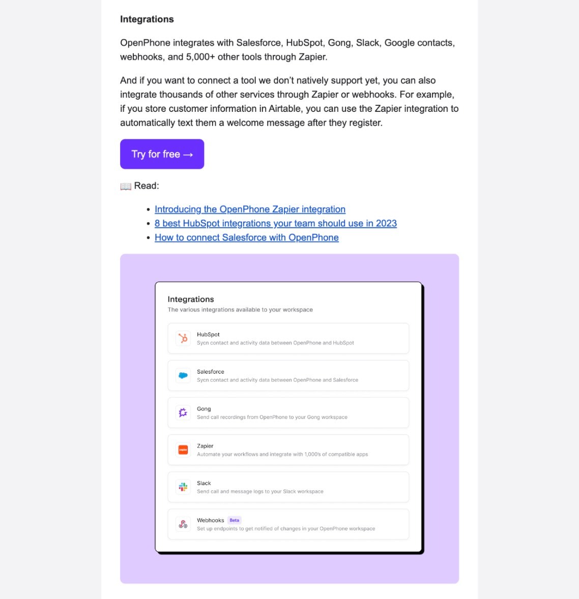 OpenPhone introduces their Zapier integration in new user onboarding emails.