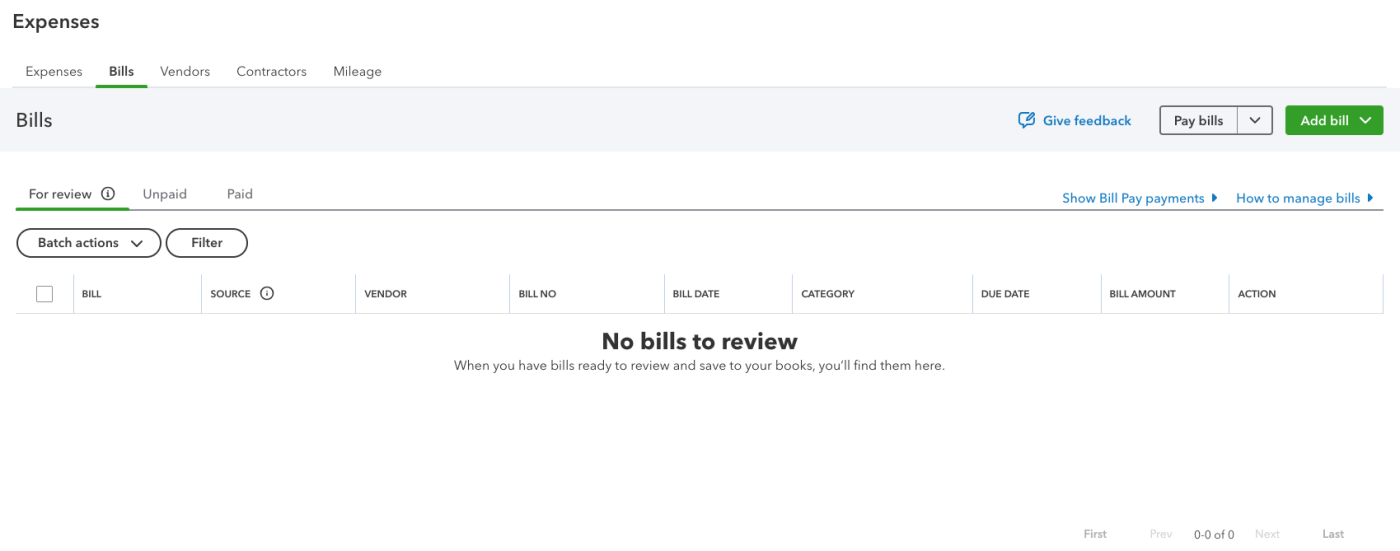 Screenshot of the bills tab on the QuickBooks' expenses dashboard