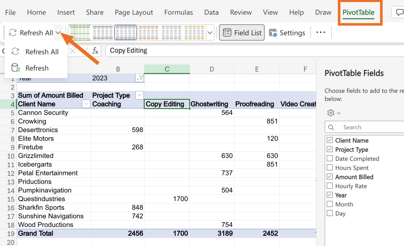 In the PivotTable tab, click the dropdown next to "Refresh All."