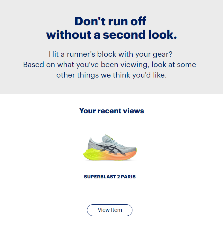 Screenshot of an email showing a recently viewed superblast shoe