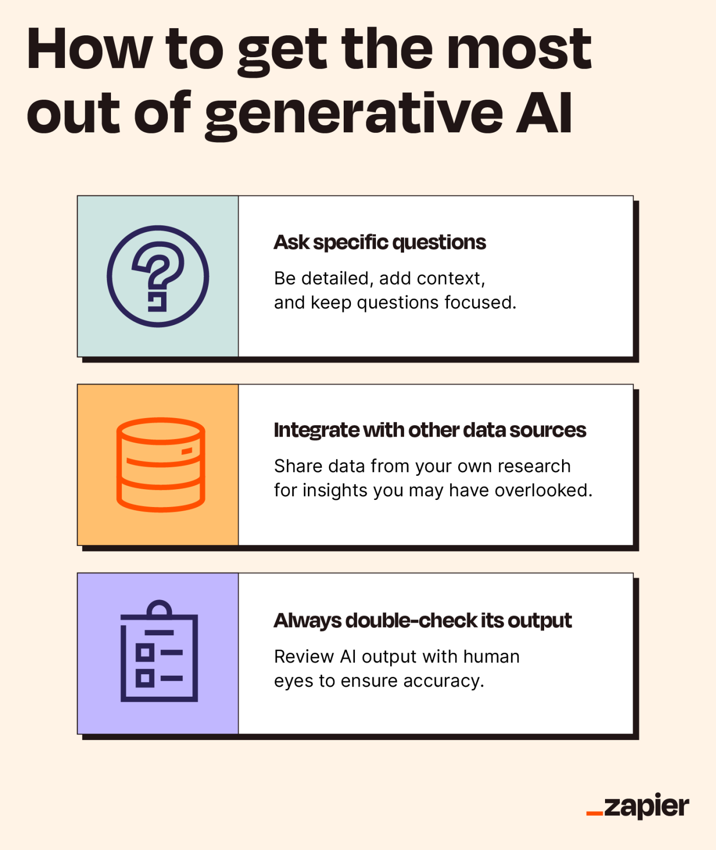Graphic with tips on how to get the most out of generative AI, including asking questions, integrating with other data sources, and double-checking outputs.