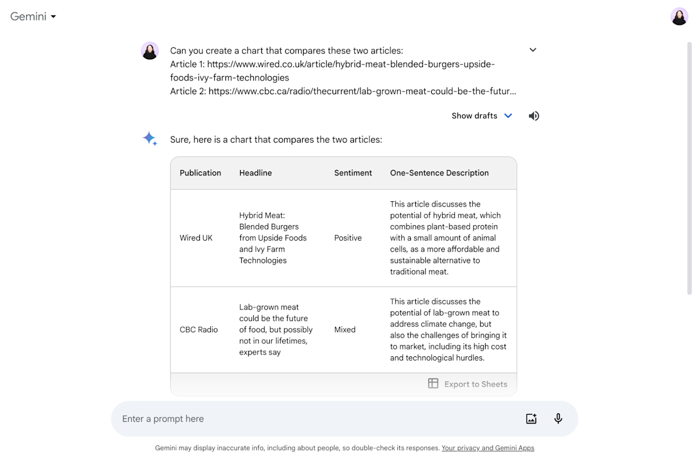 A chart in Gemini comparing two articles, including sentiment analysis. 