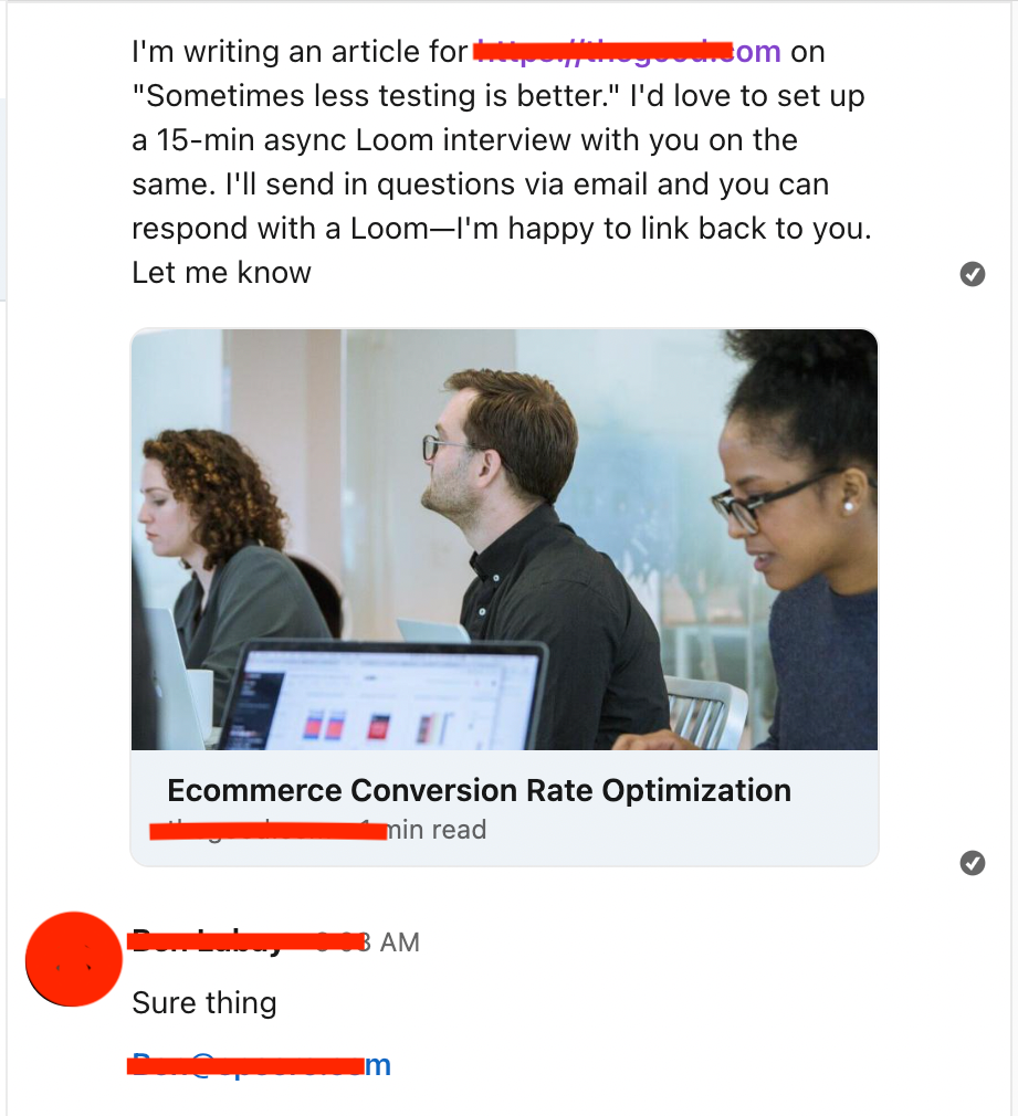 Komal's request for an async interview on LinkedIn with a positive result