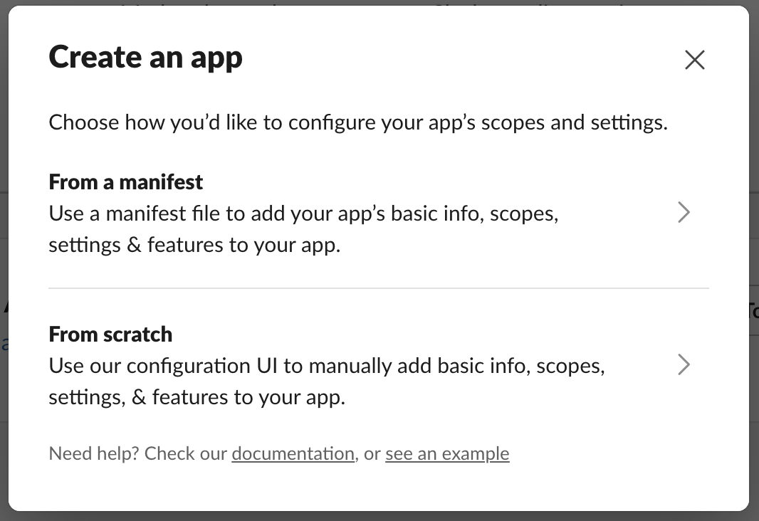 Slack dialog box showing options to create an app from a manifest or from scratch