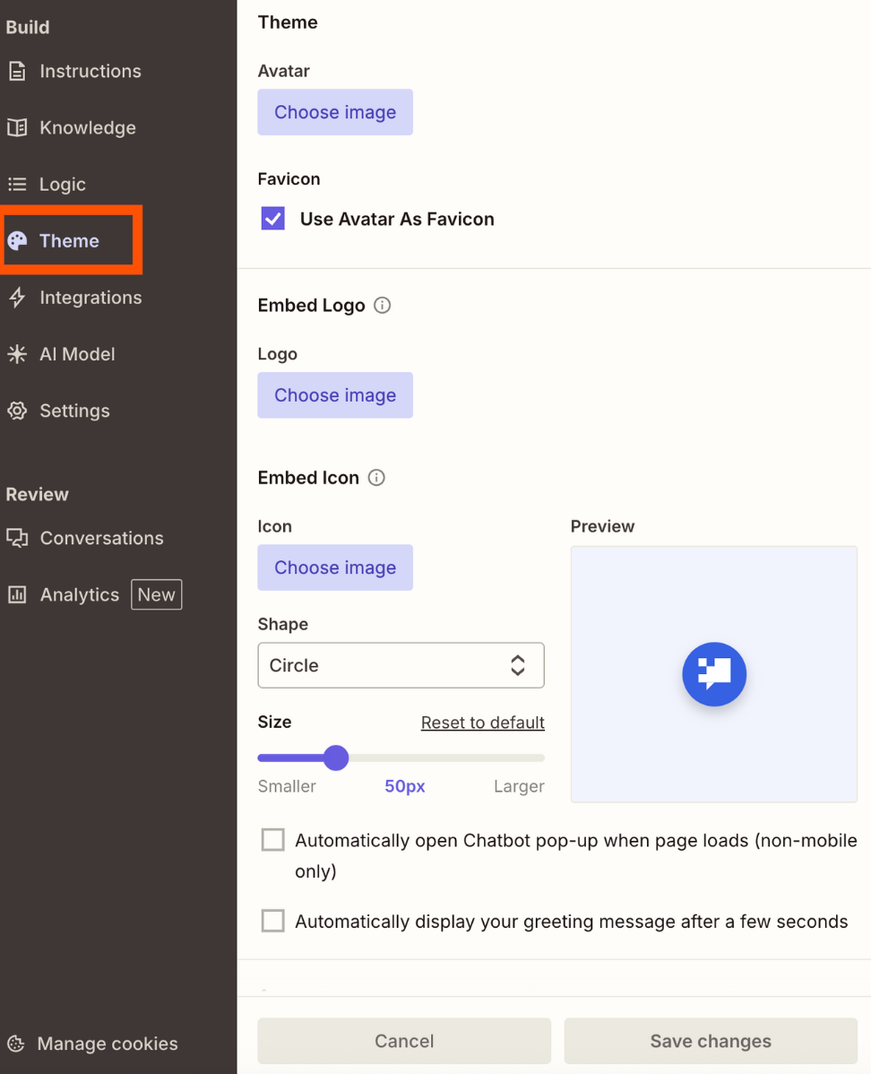 Screenshot of theme tab