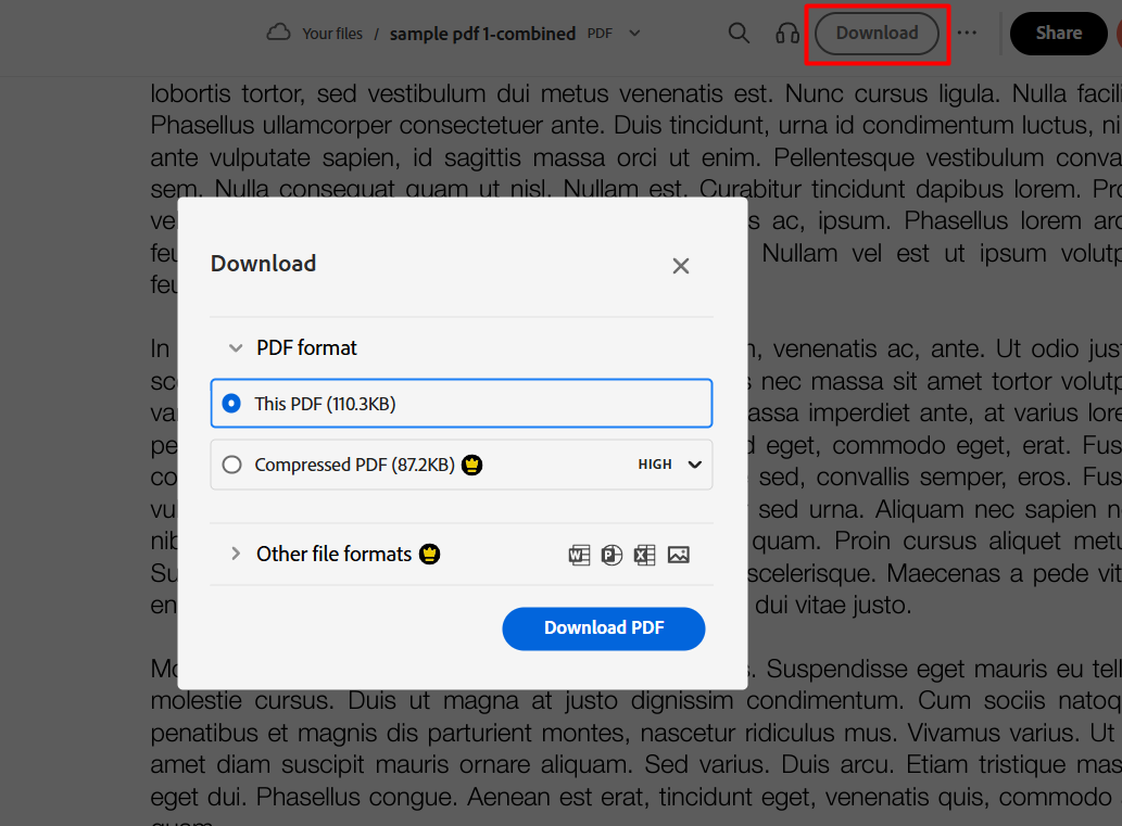 The Download PDF option in Adobe Acrobat