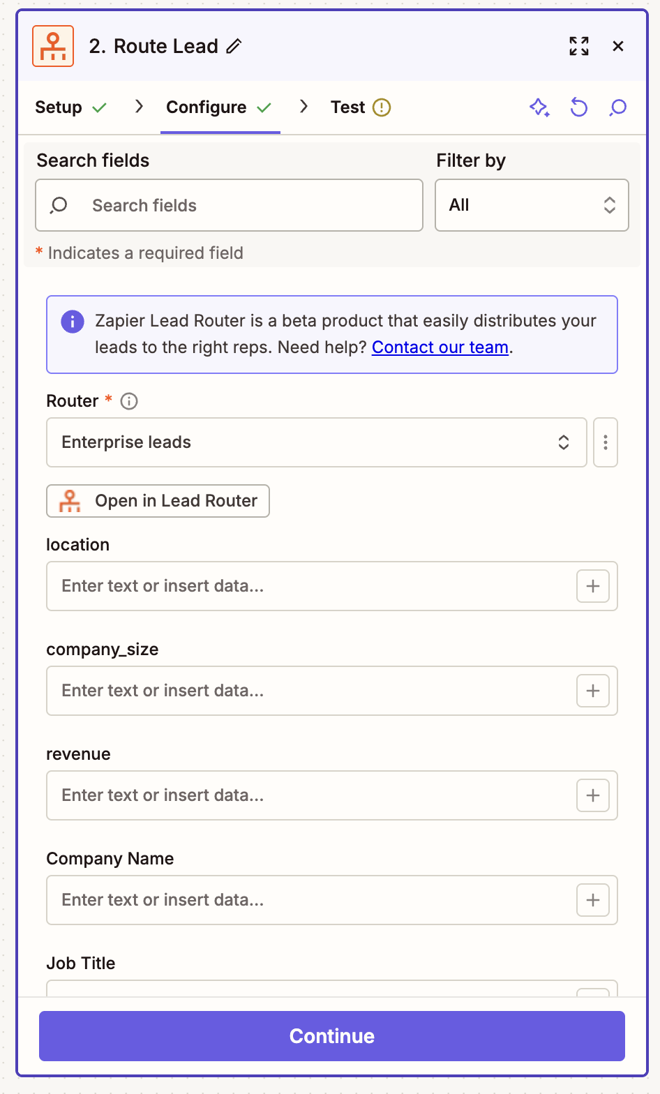 A window in the Zap editor in the Configure tab, where you can configure various aspects of your router