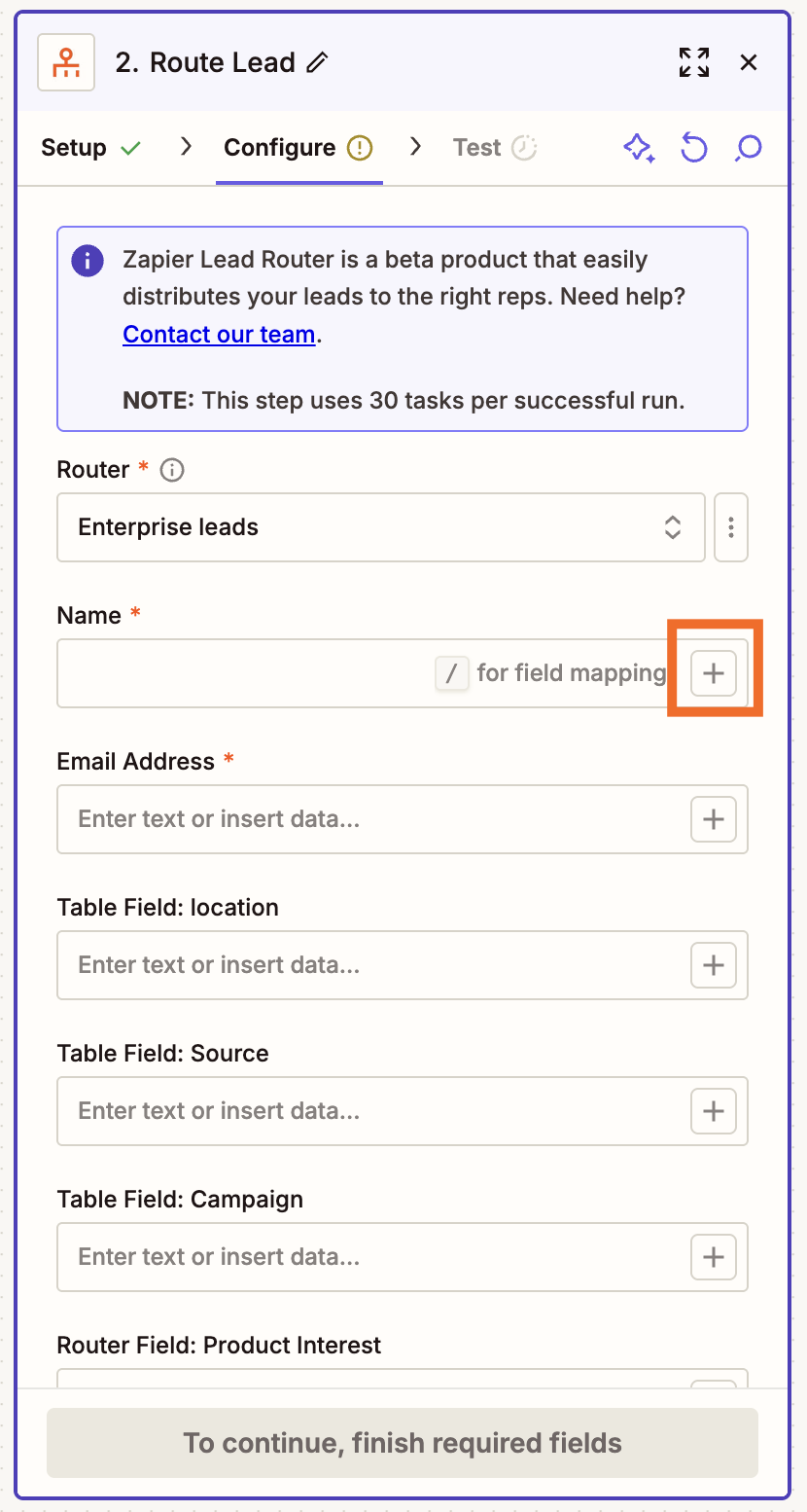 A window in the Zap editor in the Configure tab, where you can configure various aspects of your router